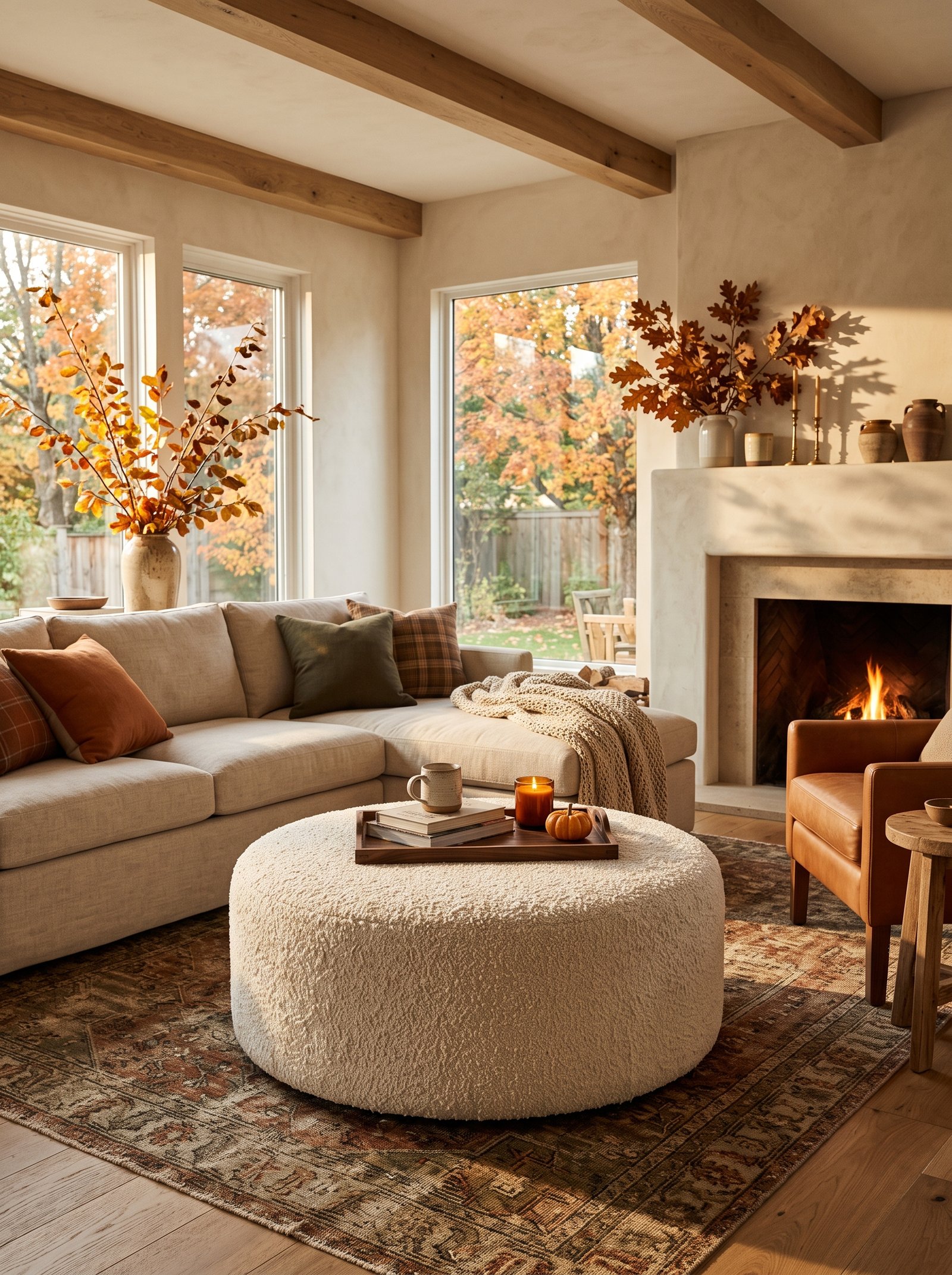 Add a cream boucle ottoman