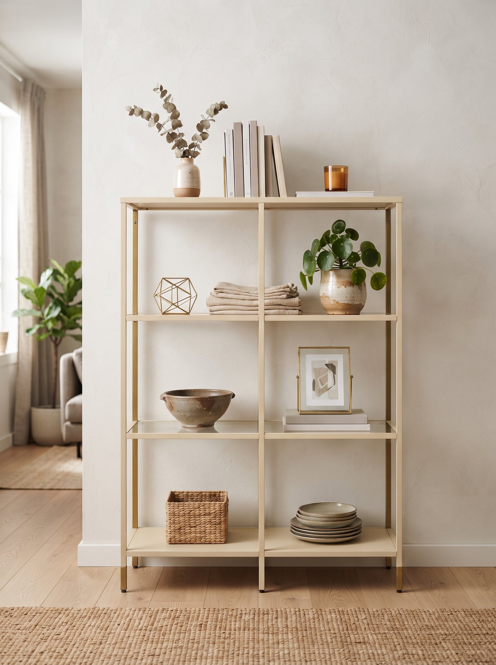 Asymmetric wall arrangement of EKET boxes mounted at different heights with painted interiors