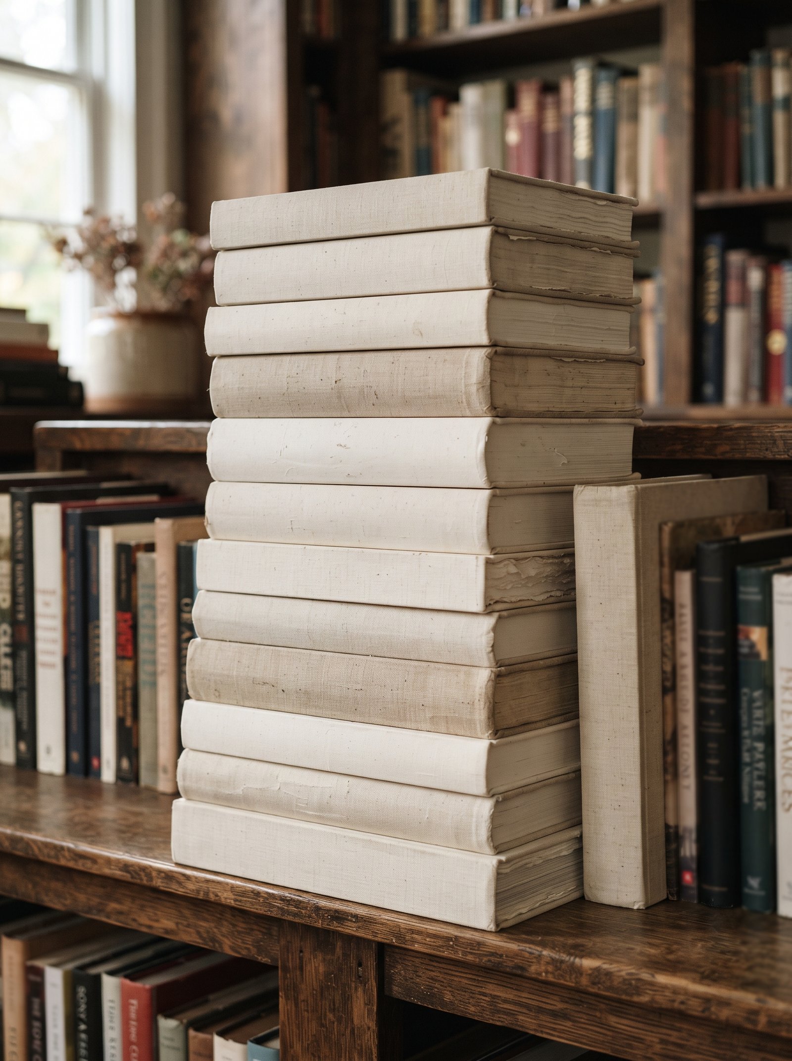 Bookshelf with warm terracotta repeated across three different shelves tying the composition together